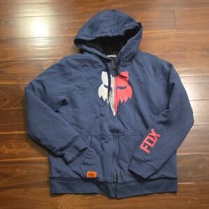 Fox Blue Hoodie with Hot Pink and White Fox Logo, Lined In Faux Fur Size Medium.